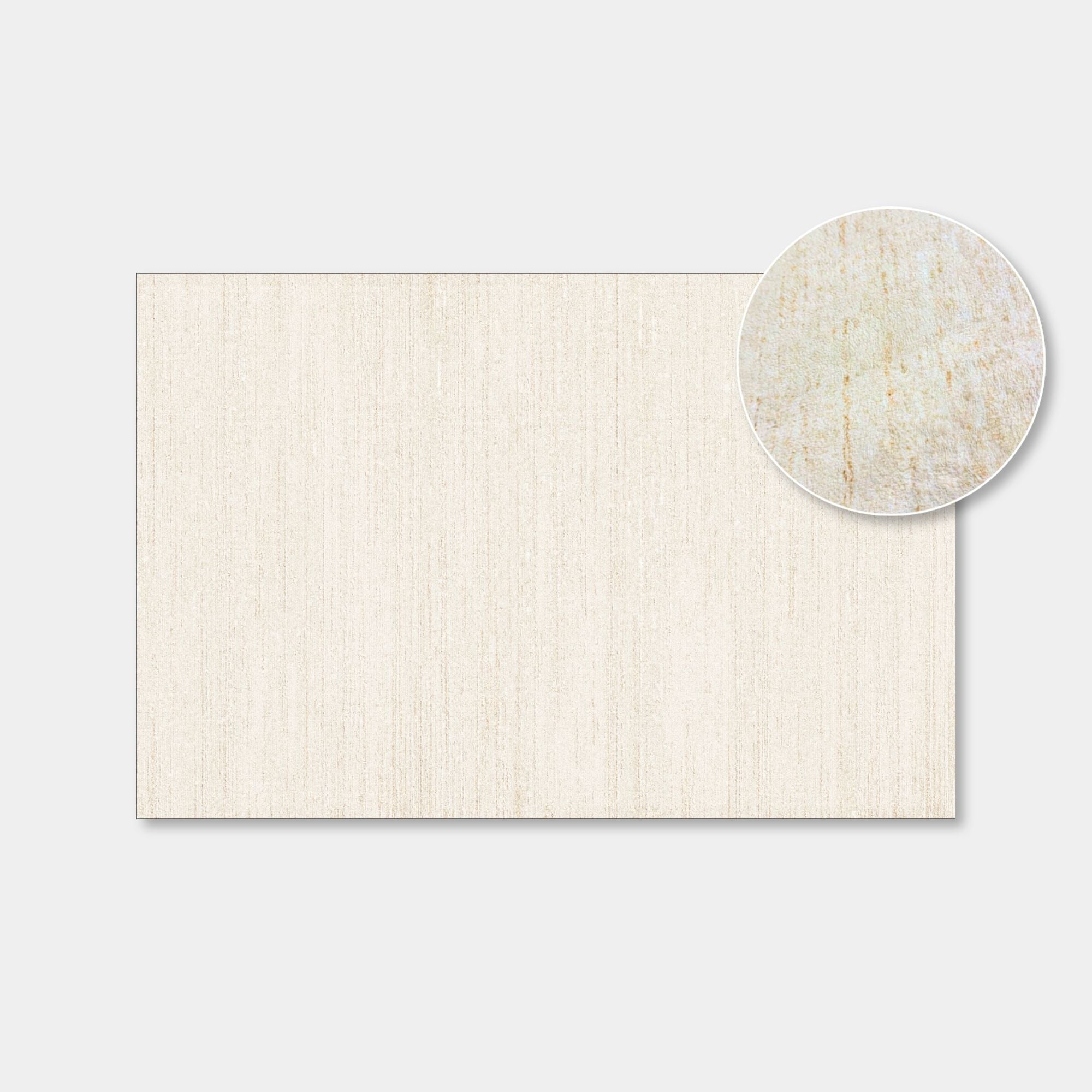 A rectangular sample of light warm beige textured material with a circular inset showing a close-up of the same surface pattern, on a light gray background.