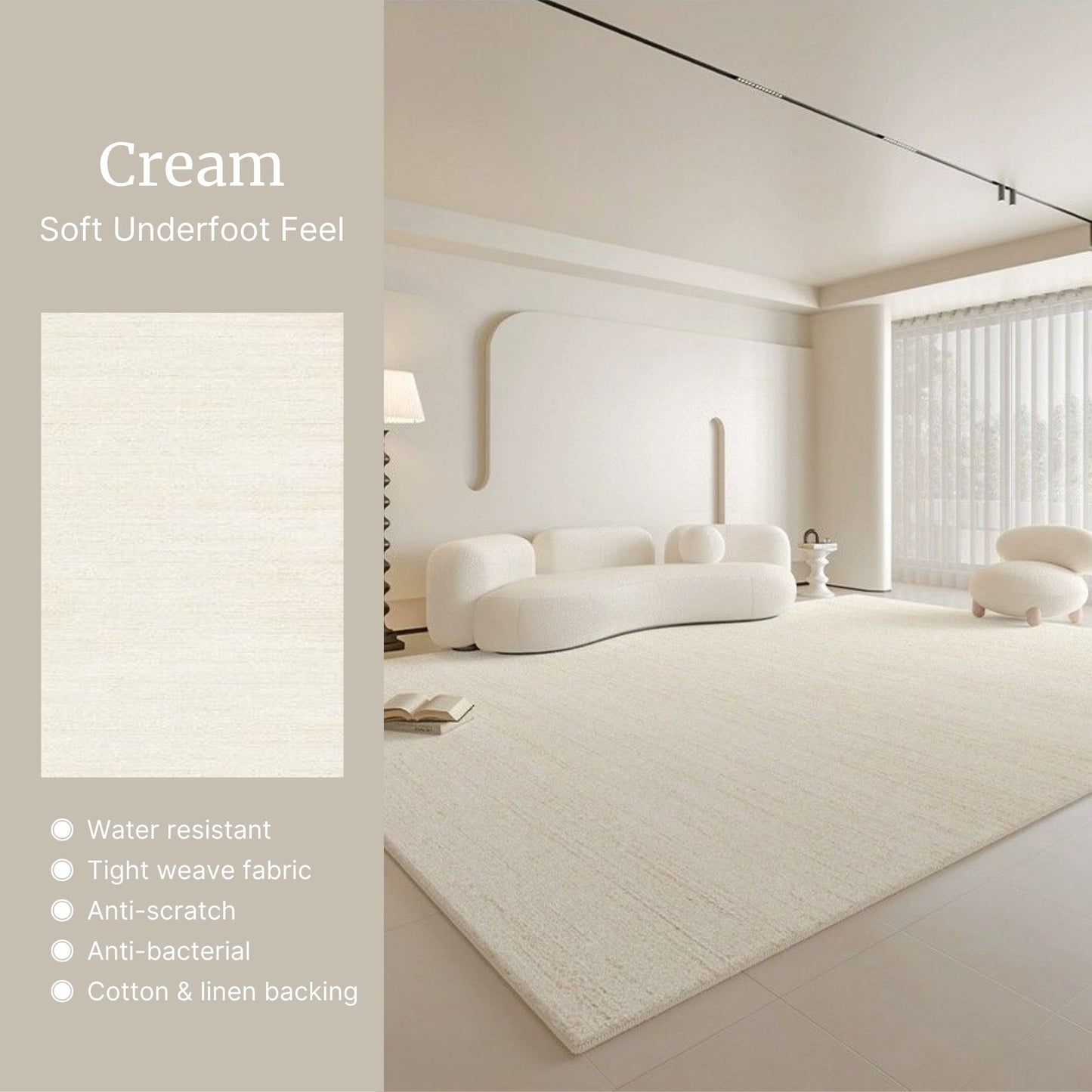 Cream-colored rug in a modern living room with text highlighting its features.