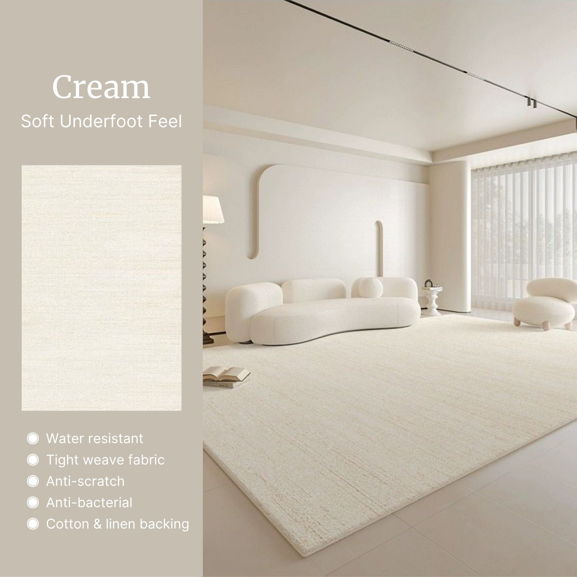 Cream-colored rug in a modern living room with text highlighting its features.