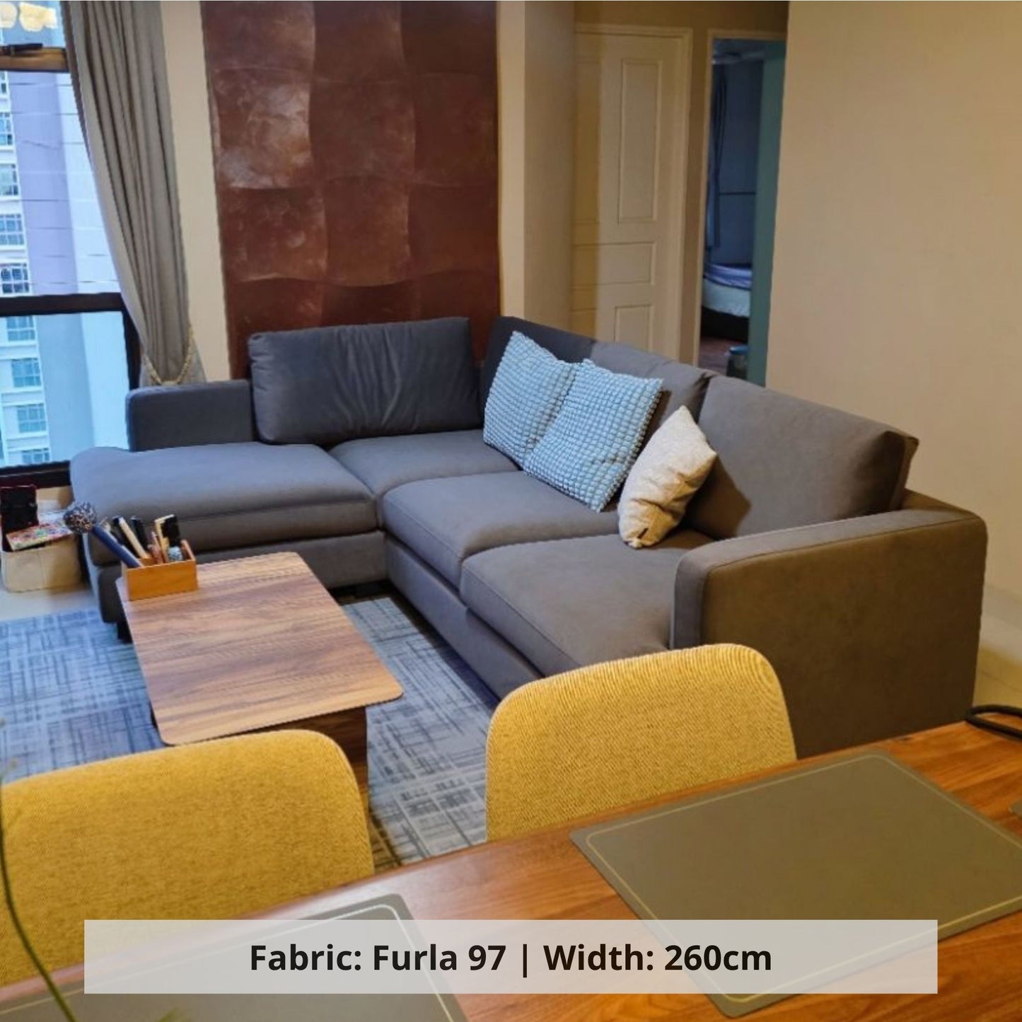 Crescent 260cm Dark Grey Pet friendly fabric sectional sofa sample