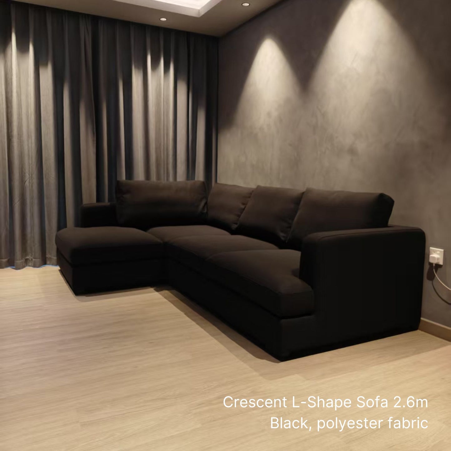 Black 260cm Crescent L-shaped sectional sofa with left chaise 