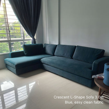 Blue easy clean fabric Crescent L-shaped sectional sofa at 300cm with bench seats and left chaise