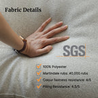 Hand touching fabric with SGS certification details on a gray background