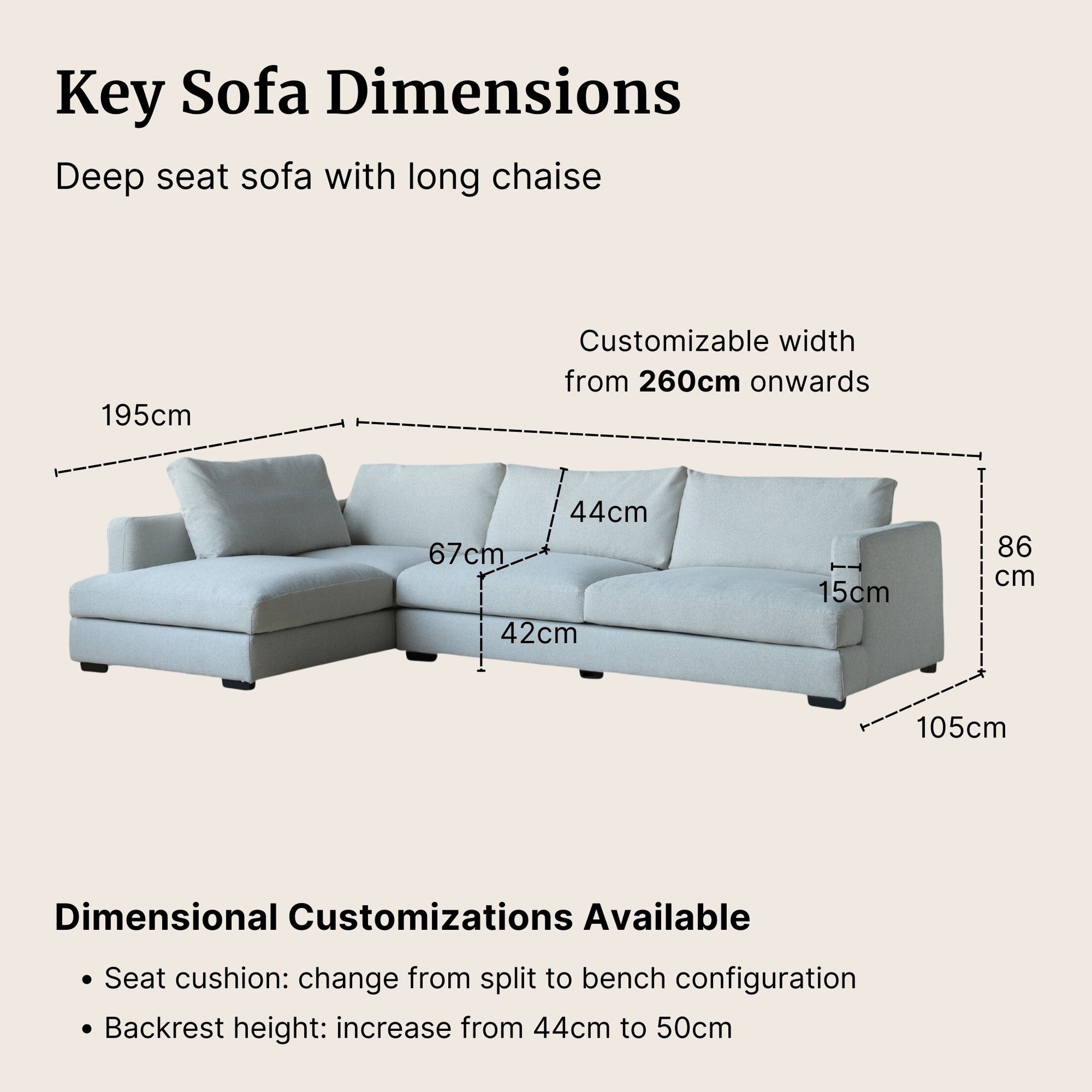 Diagram of a Crescent L-shaped sectional sofa with long chaise and labelled dimensions such as seat depth, seat height and backrest height on a beige background