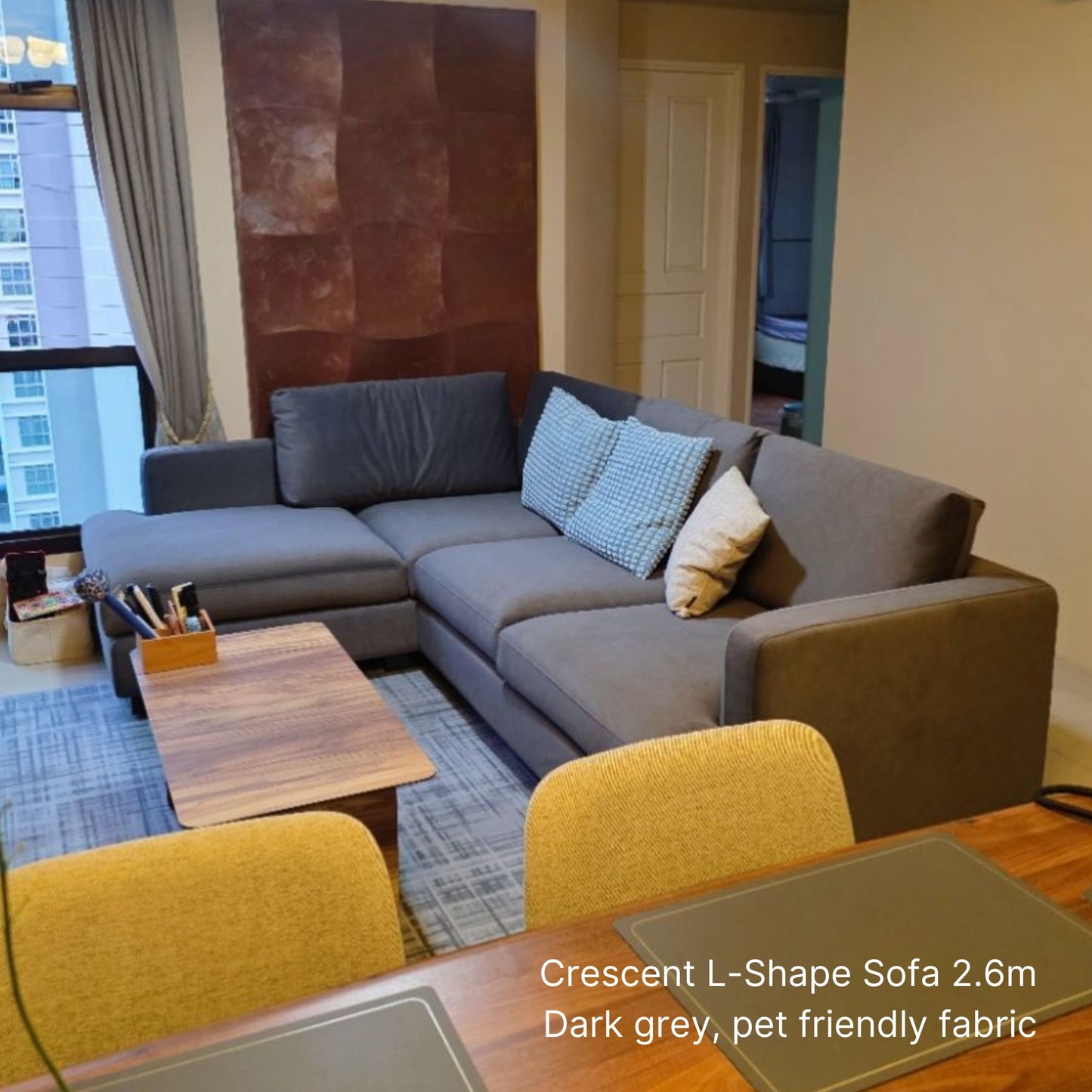 4 seater 260cm Crescent L-shaped sectional sofa with left chaise in dark grey pet friendly fabric