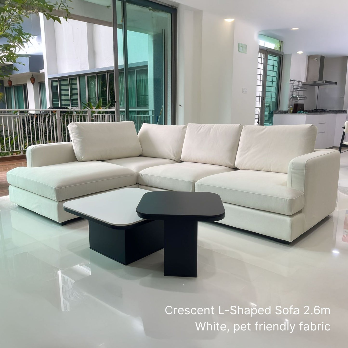 4 seater Crescent l-shaped sectional sofa with left chaise in white pet friendly fabric