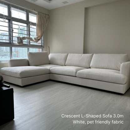 Crescent 5 seater 300cm white pet friendly fabric L-shaped sectional sofa with left chaise delivered to our customer's living room