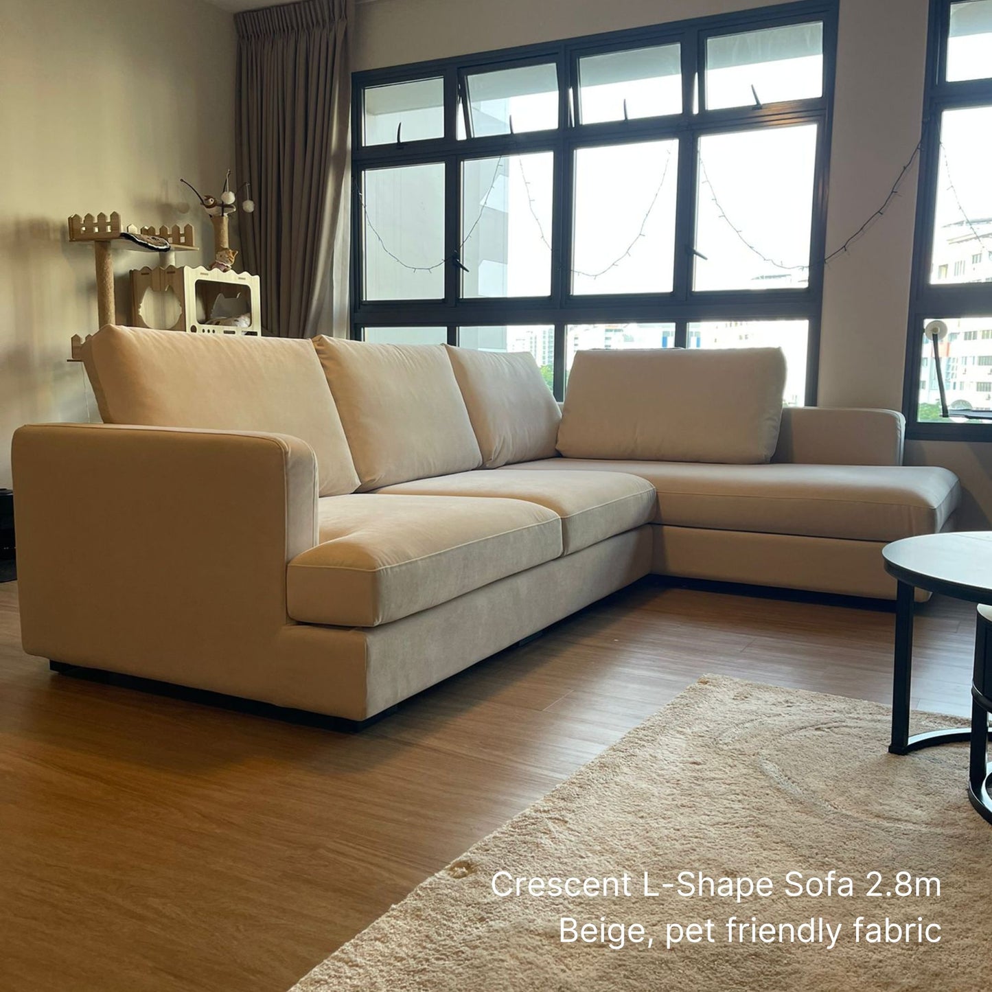 Beige L-shaped sofa in a living room with large windows.
