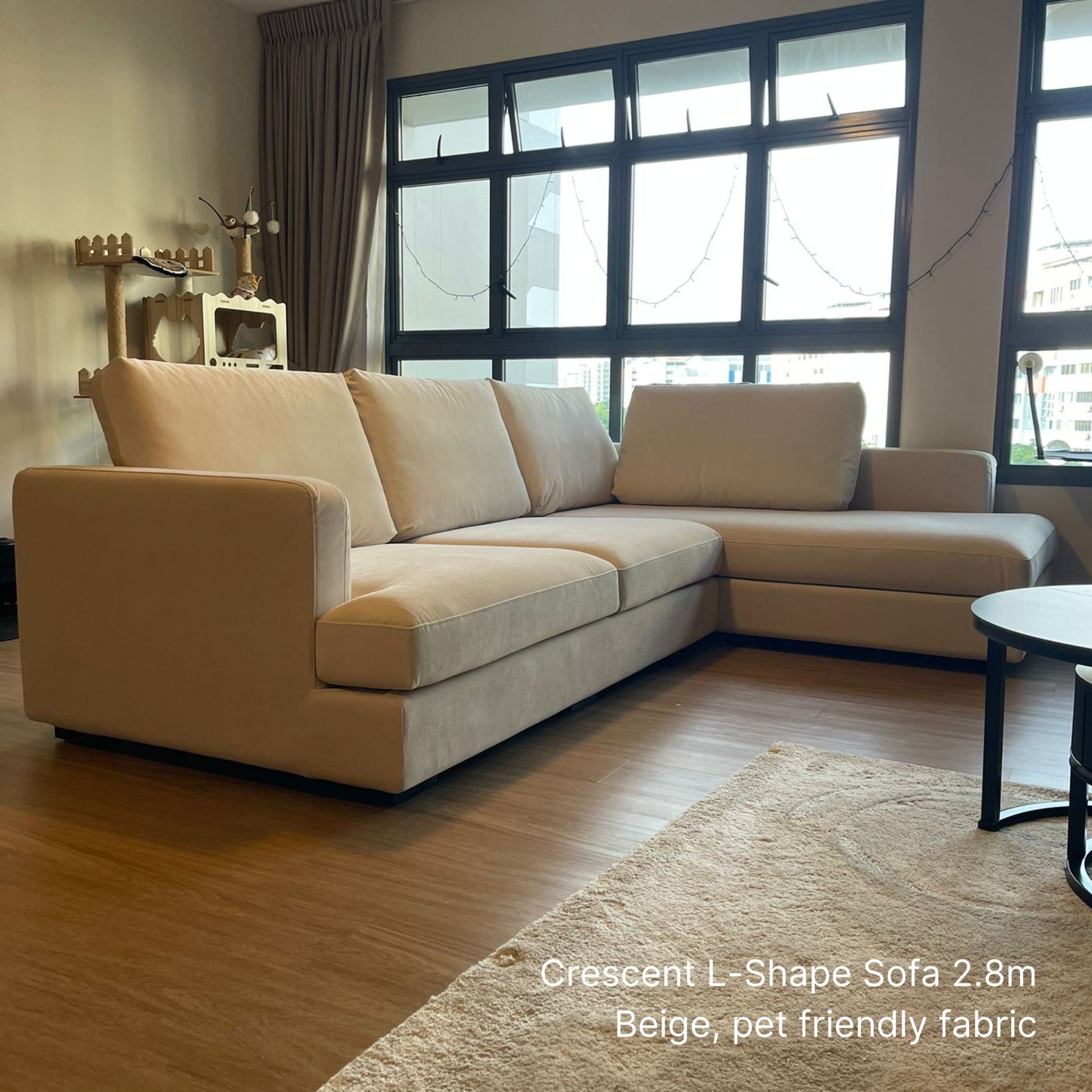 Beige L-shaped sofa in a living room with large windows.