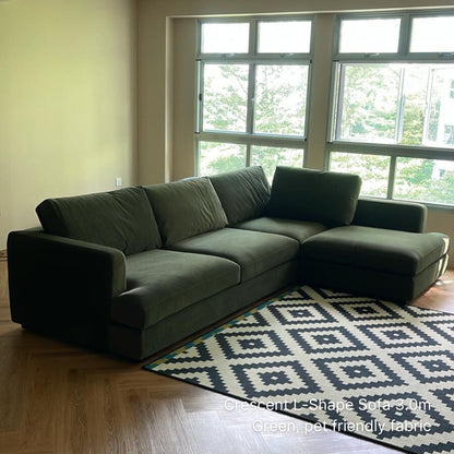 Green 300cm 5 seater Crescent L-shaped sectional sofa with right chaise in green pet friendly fabric