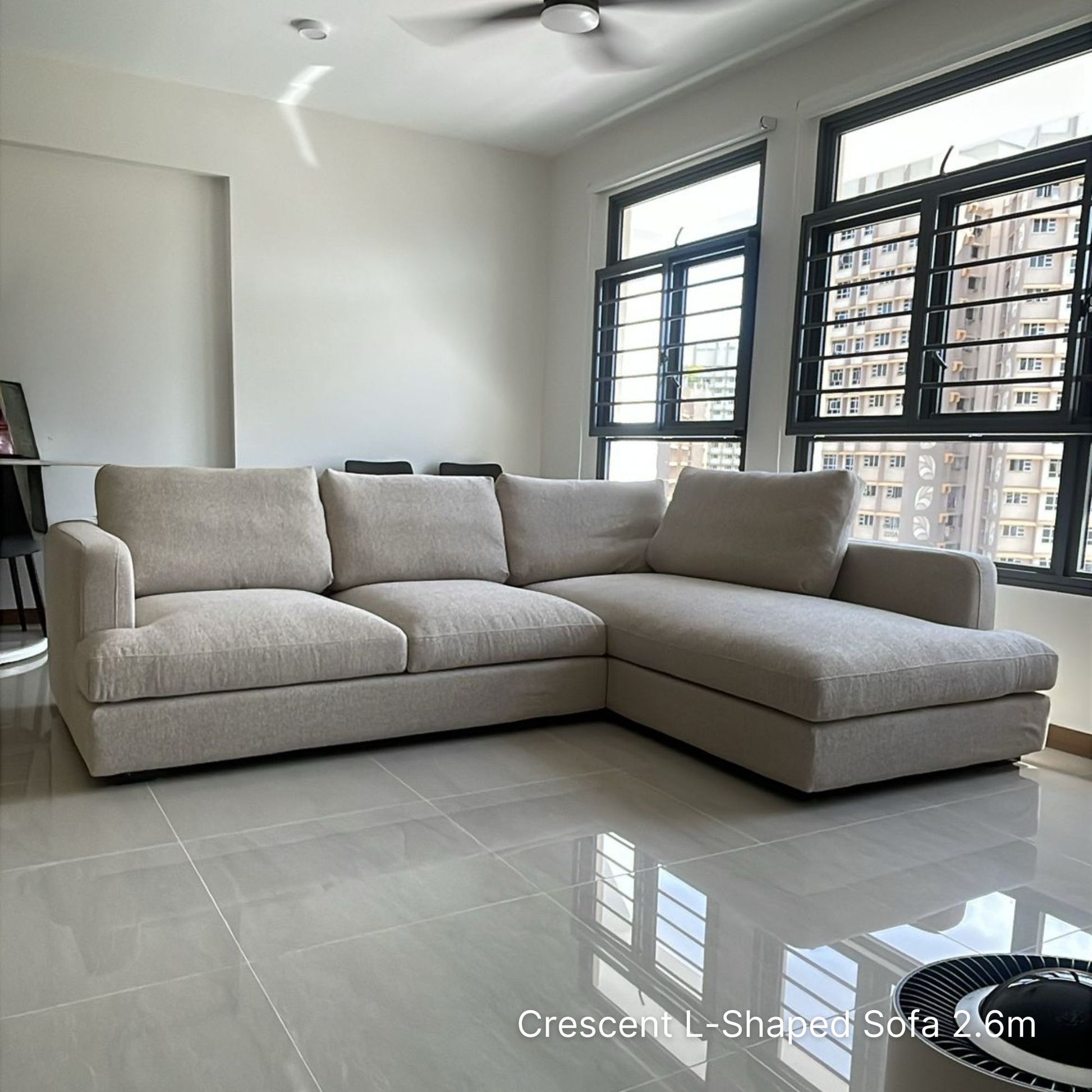 Sample delivered 4 seater Crescent L-shaped sectional sofa with right chaise at 260cm