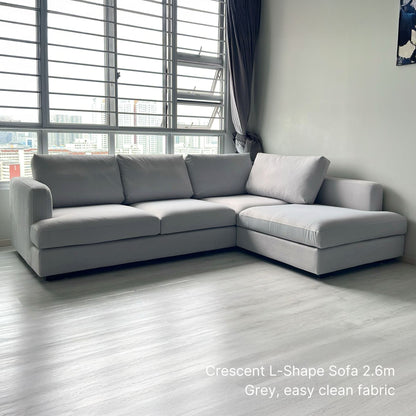 Grey easy clean fabric Crescent 4 seater L -shaped sectional sofa delivered to our customer in Singapore