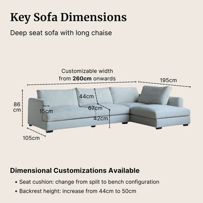 Diagram of Crescent L-shaped sectional sofa with long chaise and customizable dimensions on a beige background.