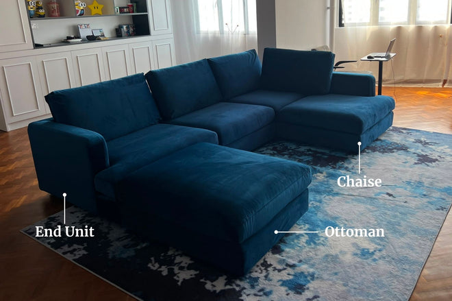 Illustration of different modular unit on a delivered Crescent L-shape sofa with ottoman in blue velvet fabric
