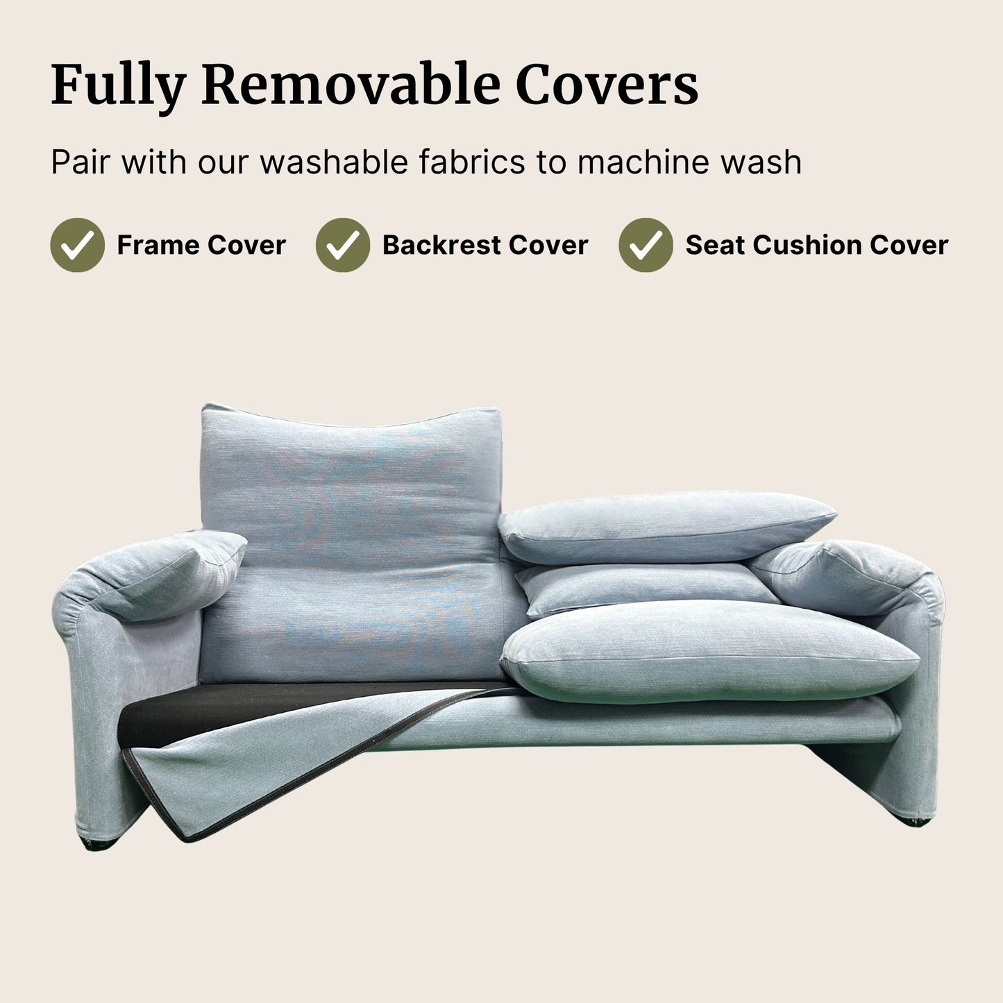 Sofa with fully removable covers on a beige background