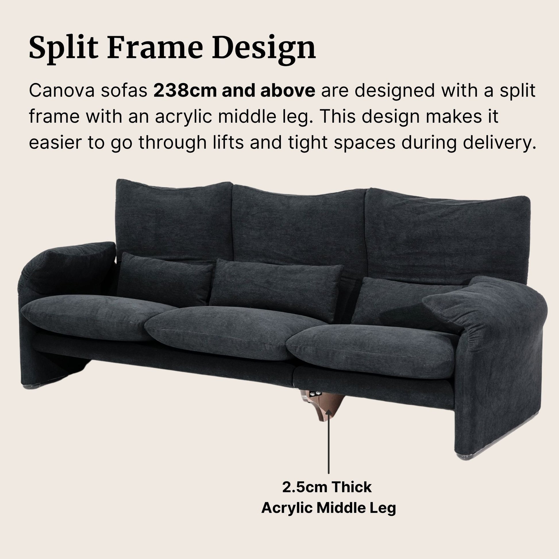 Gray sofa with split frame design and acrylic middle leg on a beige background