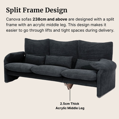Gray sofa with split frame design and acrylic middle leg on a beige background