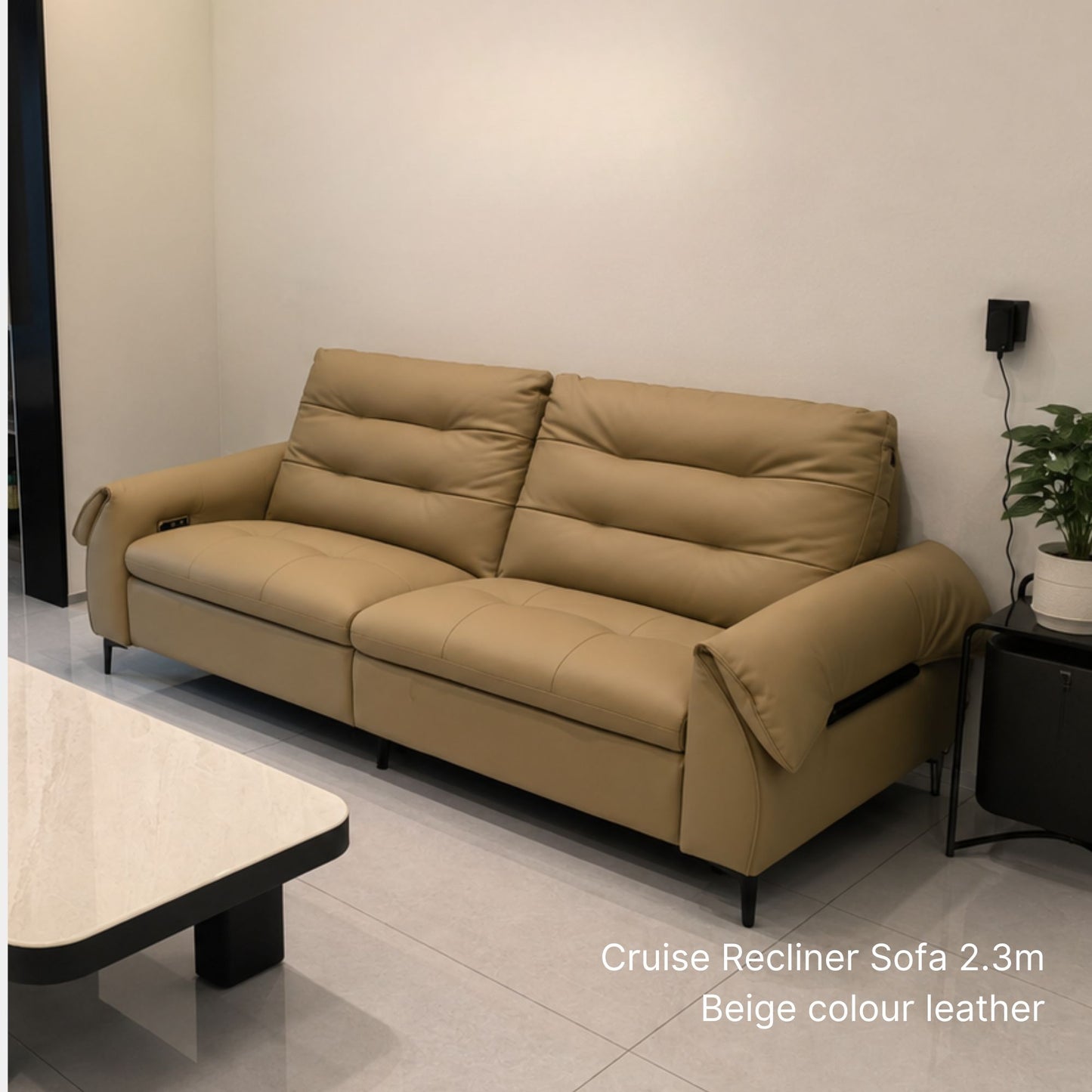 Beige recliner sofa in a room with a table and plant