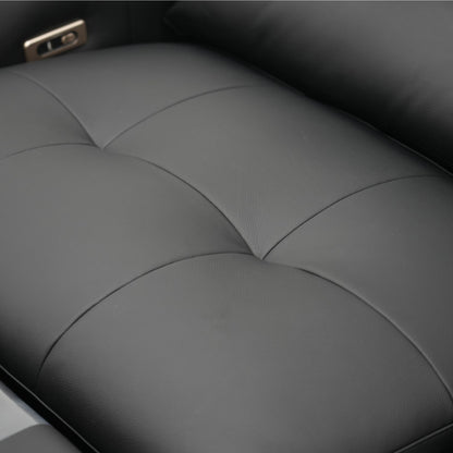 Close-up of a black sofa seat with stitching details