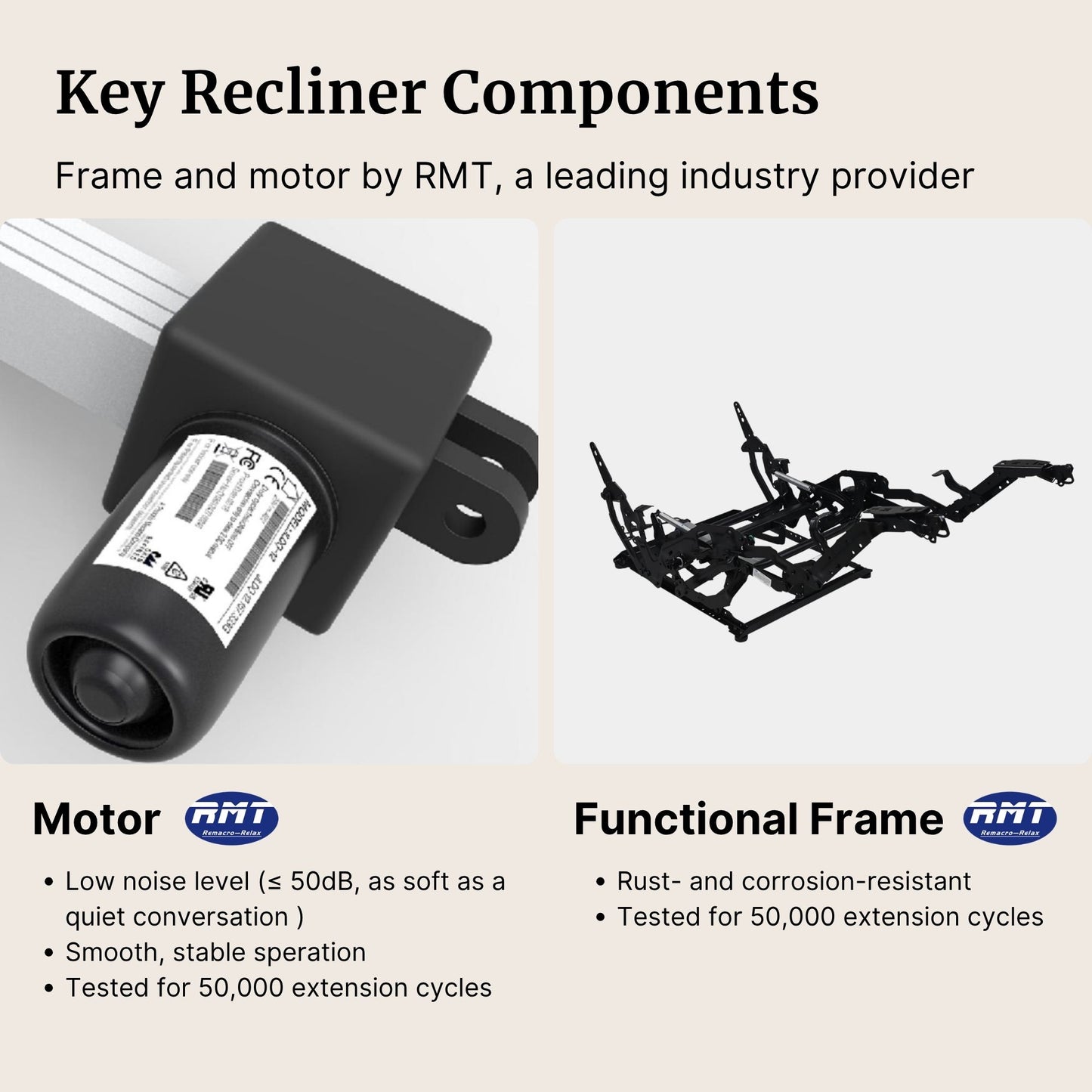 Key recliner components with RMT motor and frame on a beige background