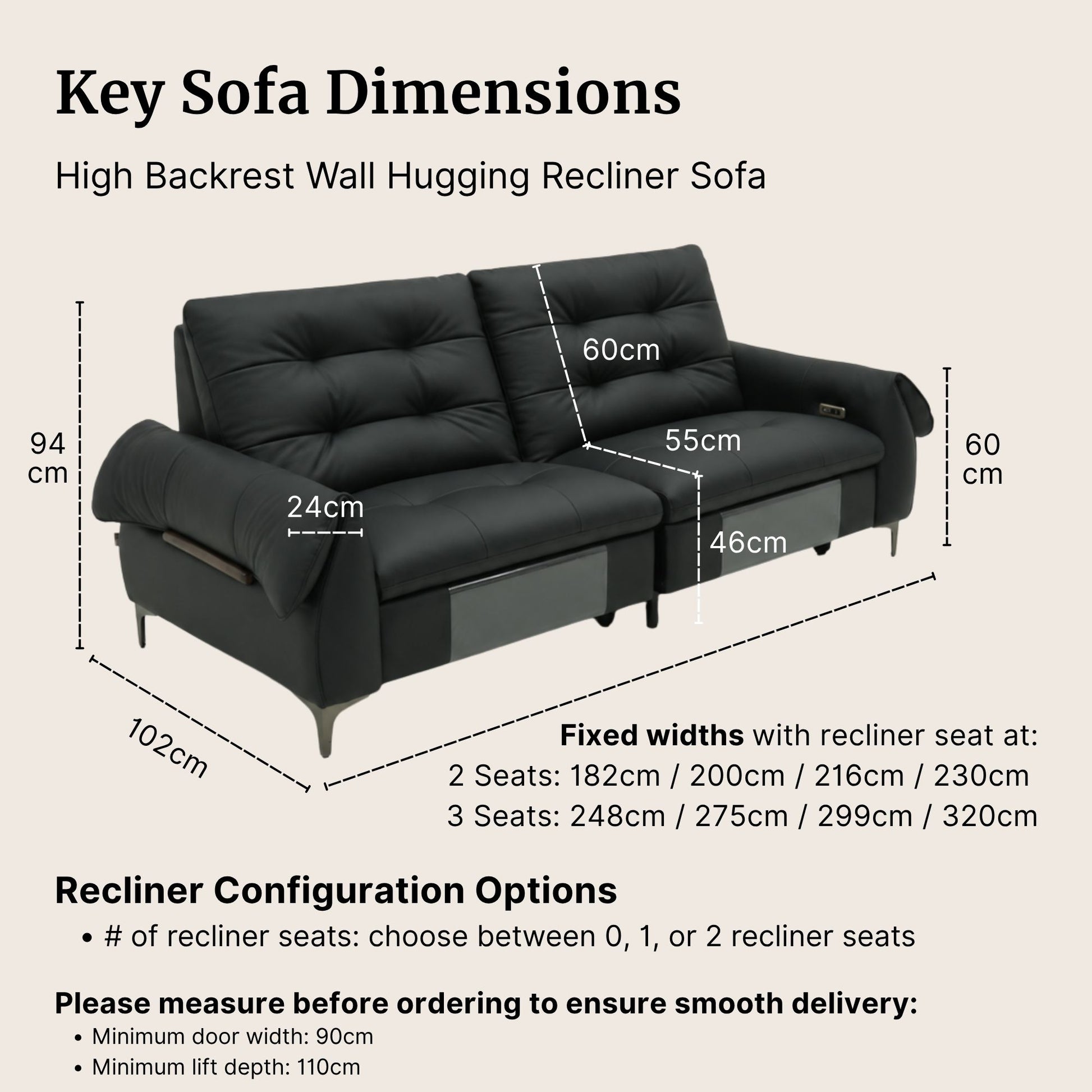 Black high backrest wall hugging recliner sofa with dimensions on a beige background