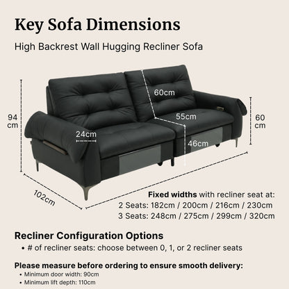Black high backrest wall hugging recliner sofa with dimensions on a beige background