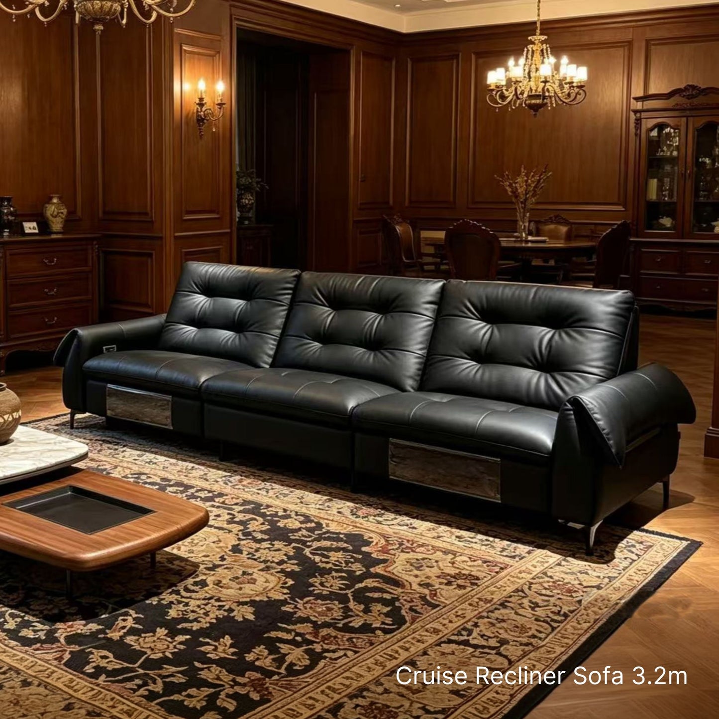 Black leather recliner sofa in a luxurious room with wooden paneling and a chandelier.