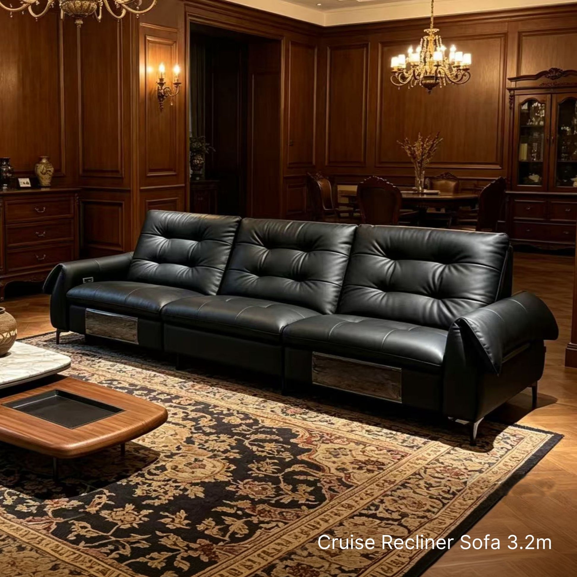 Black leather recliner sofa in a luxurious room with wooden paneling and a chandelier.