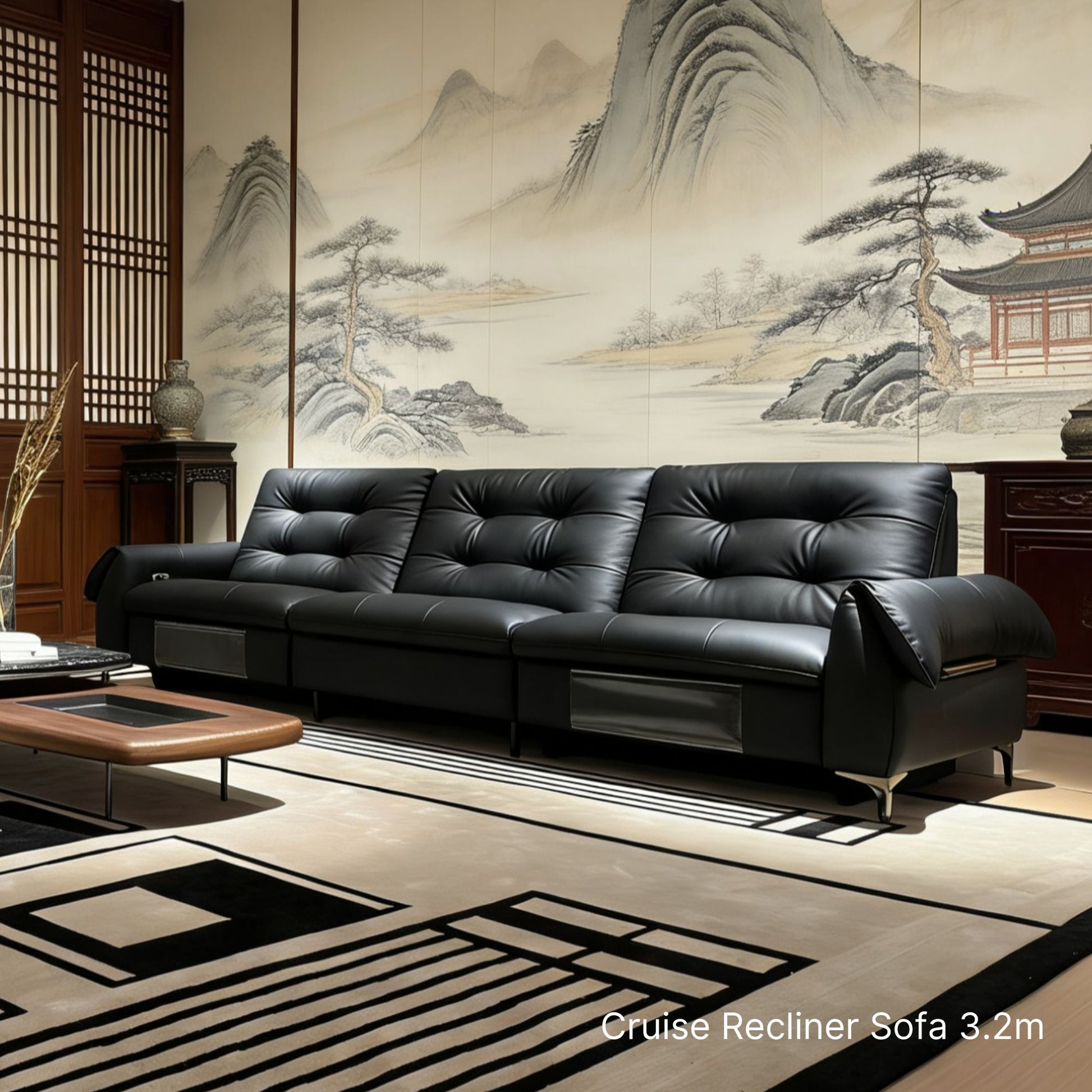 Black leather sofa in a room with traditional Chinese wall art
