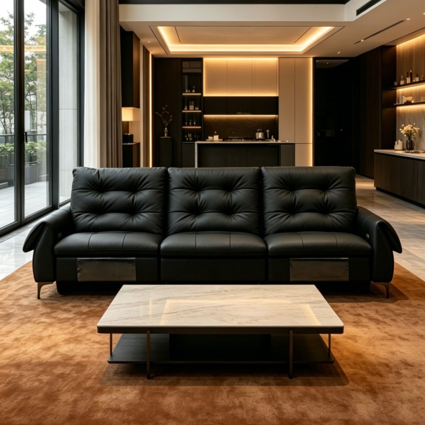 Modern living room with a black leather sofa and wooden coffee table.
