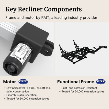 Key recliner components with RMT motor and frame on a beige background