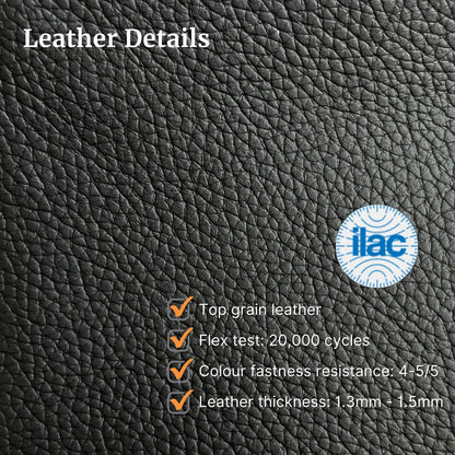 Black leather texture with ILAC logo and details on a black background