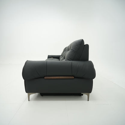 Black sofa with wooden armrest on a white background