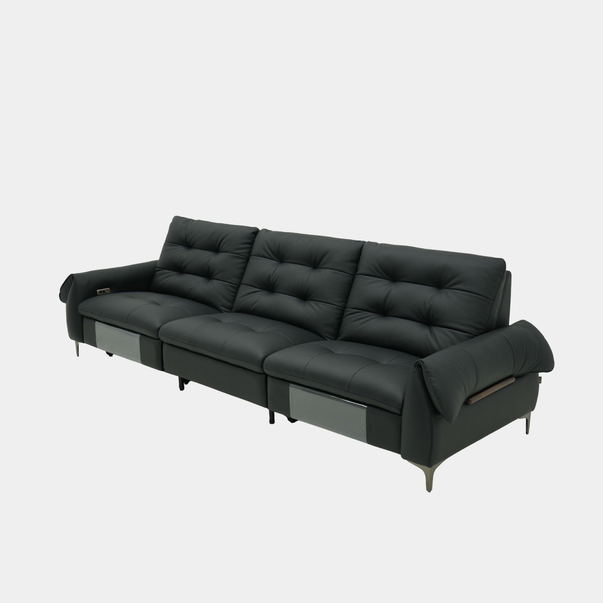 Black leather recliner sofa on a white background, diagonal view