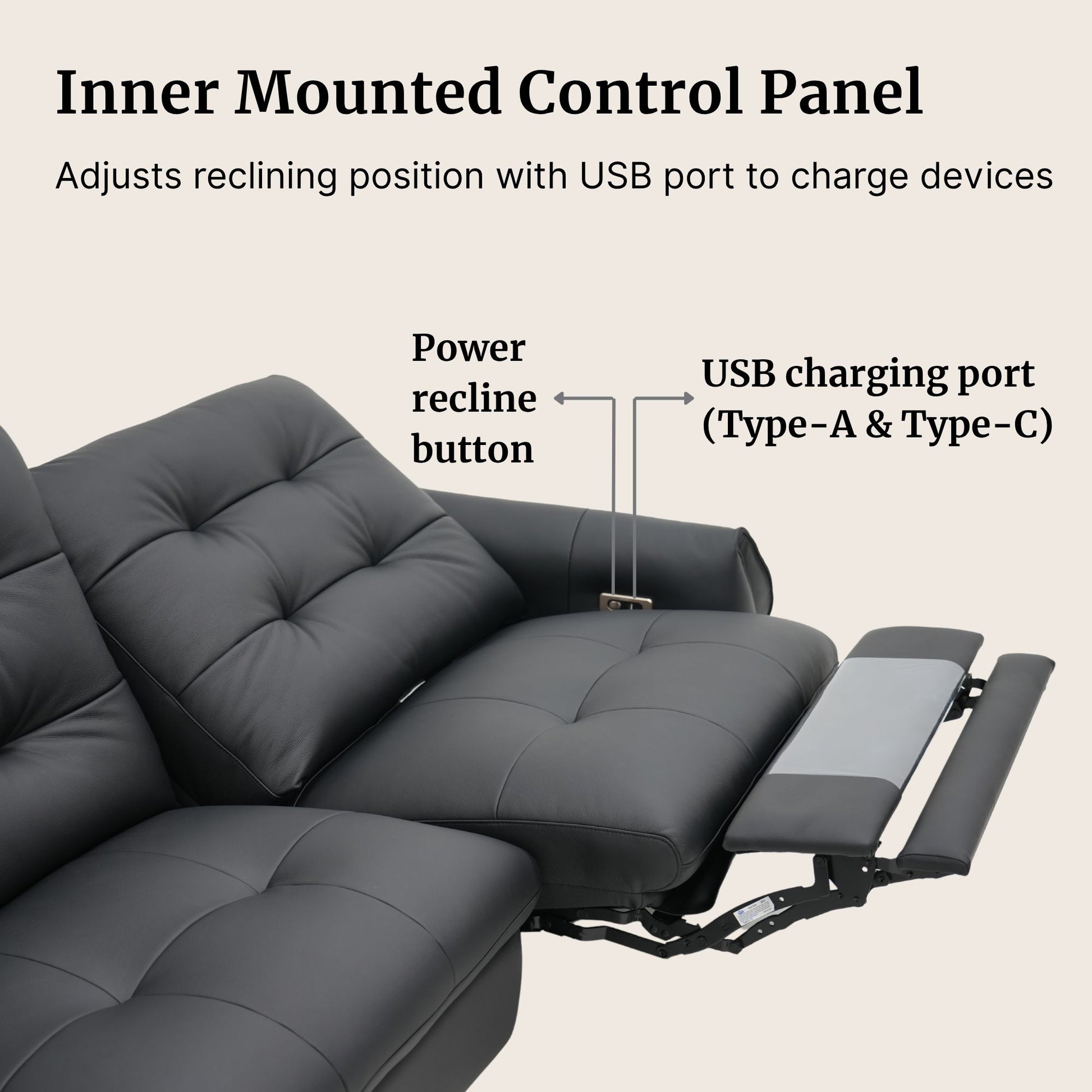 Black recliner sofa with control panel and USB charging port on a beige background