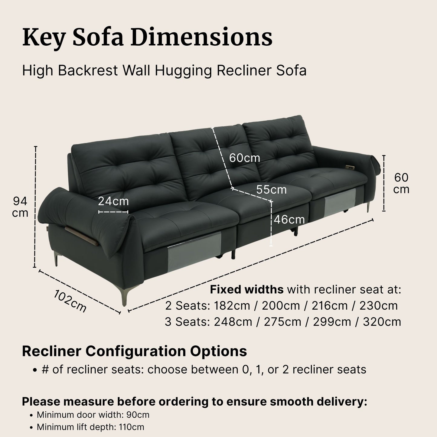 Black recliner sofa with dimensions labeled on a beige background