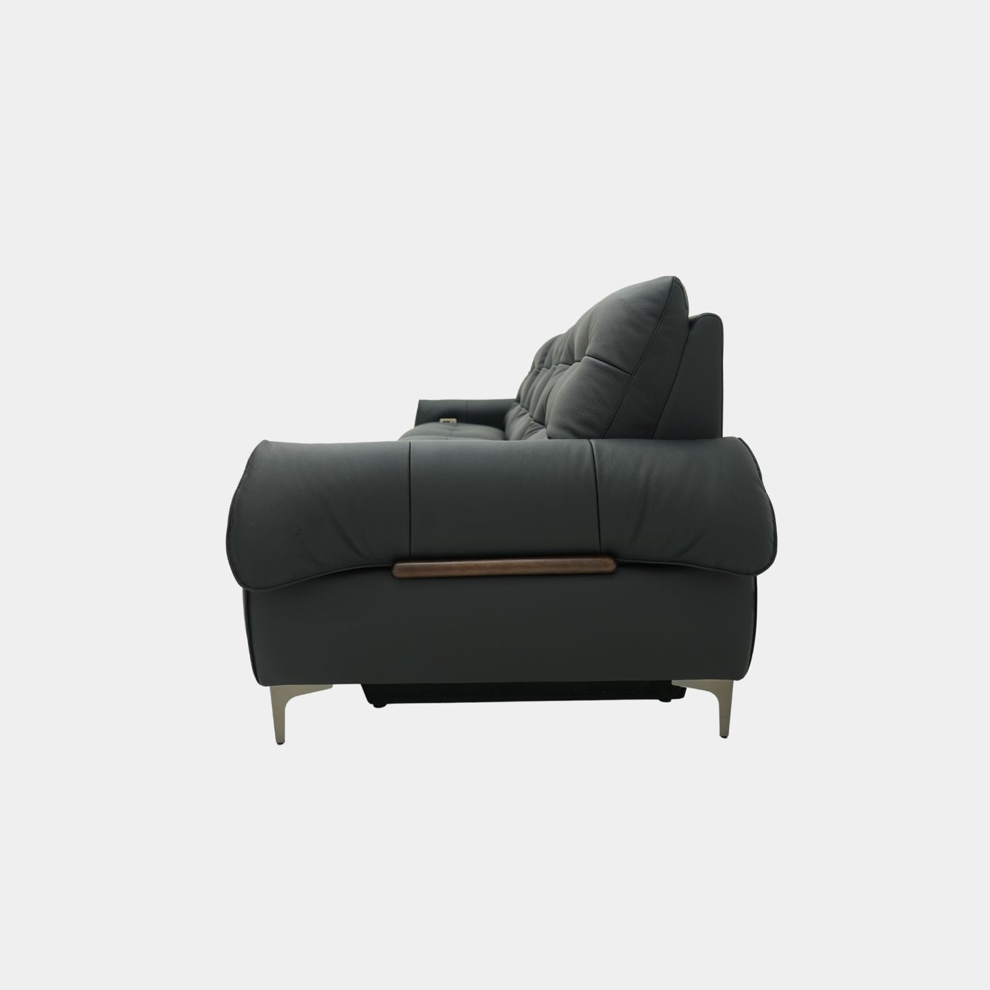 Black sofa with wooden armrests on a white background