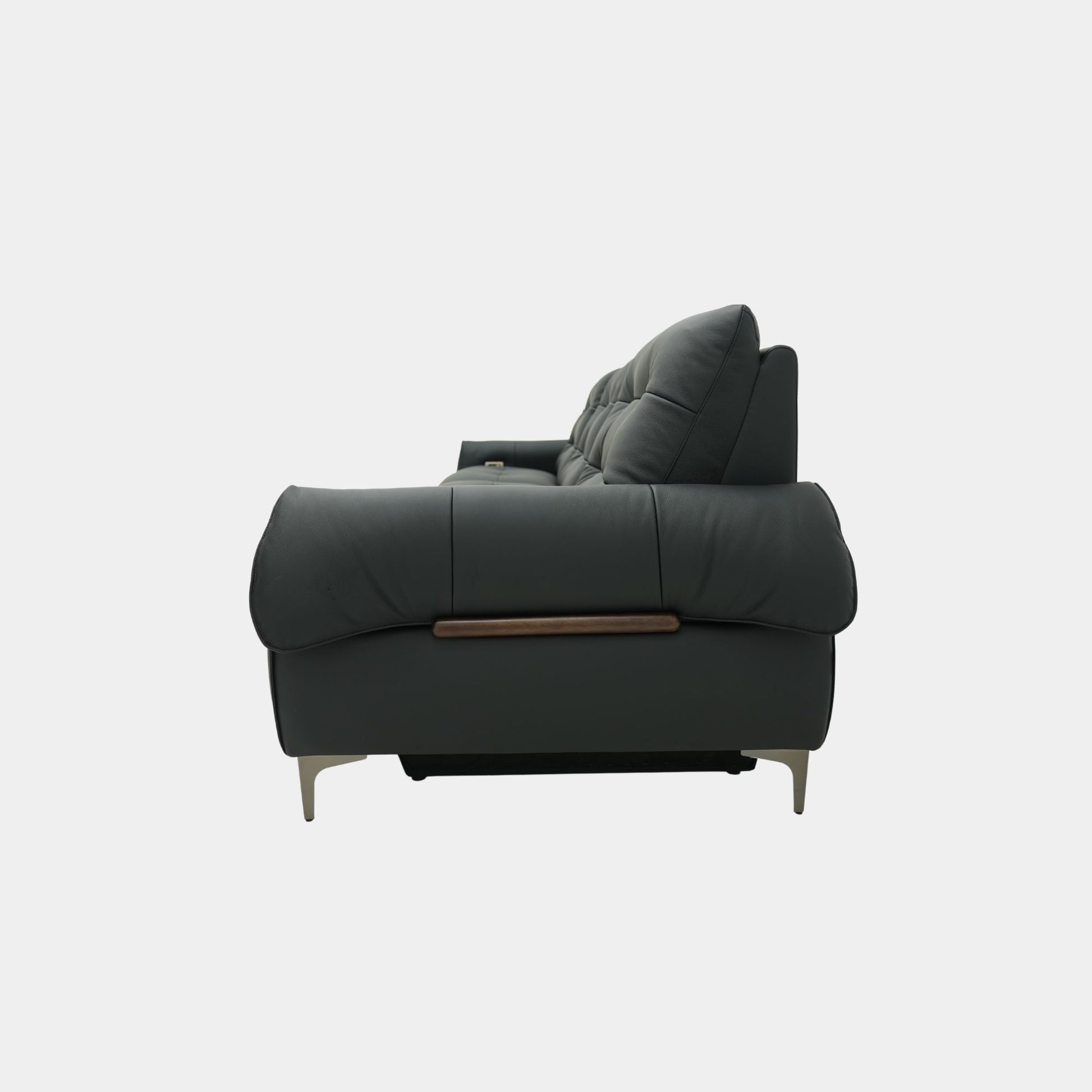 Black sofa with wooden armrests on a white background