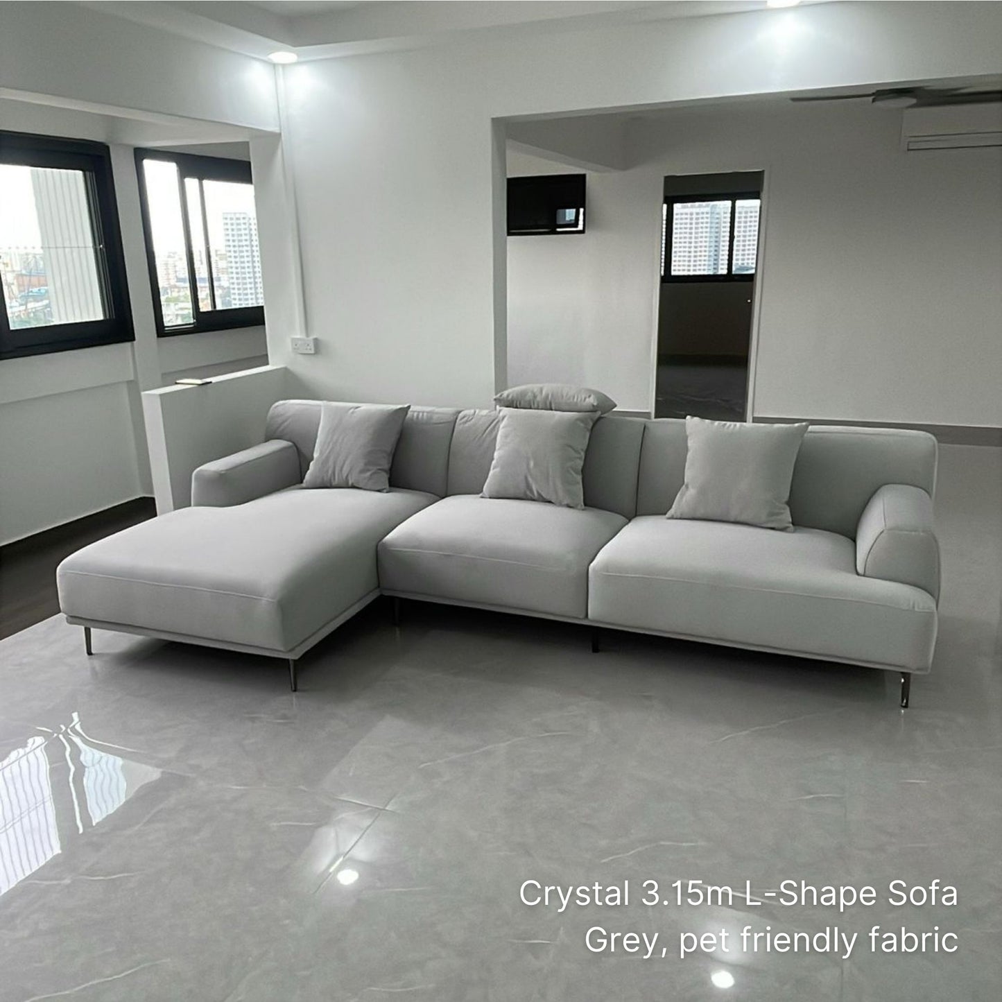 Delivered 5 seater 315cm L-shaped sectional sofa with left chaise in our customer's living room in grey pet friendly fabric