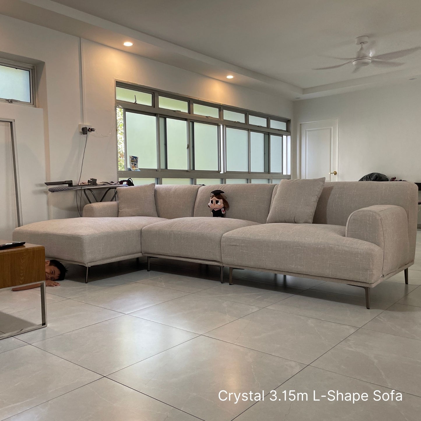 Sample delivered Crystal 5 seater 315cm grey extended l-shaped sofa to our customer
