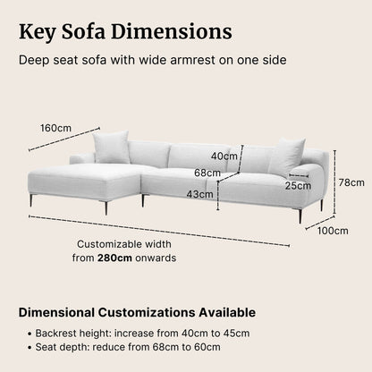 Grey sectional sofa with dimensions labeled on a beige background