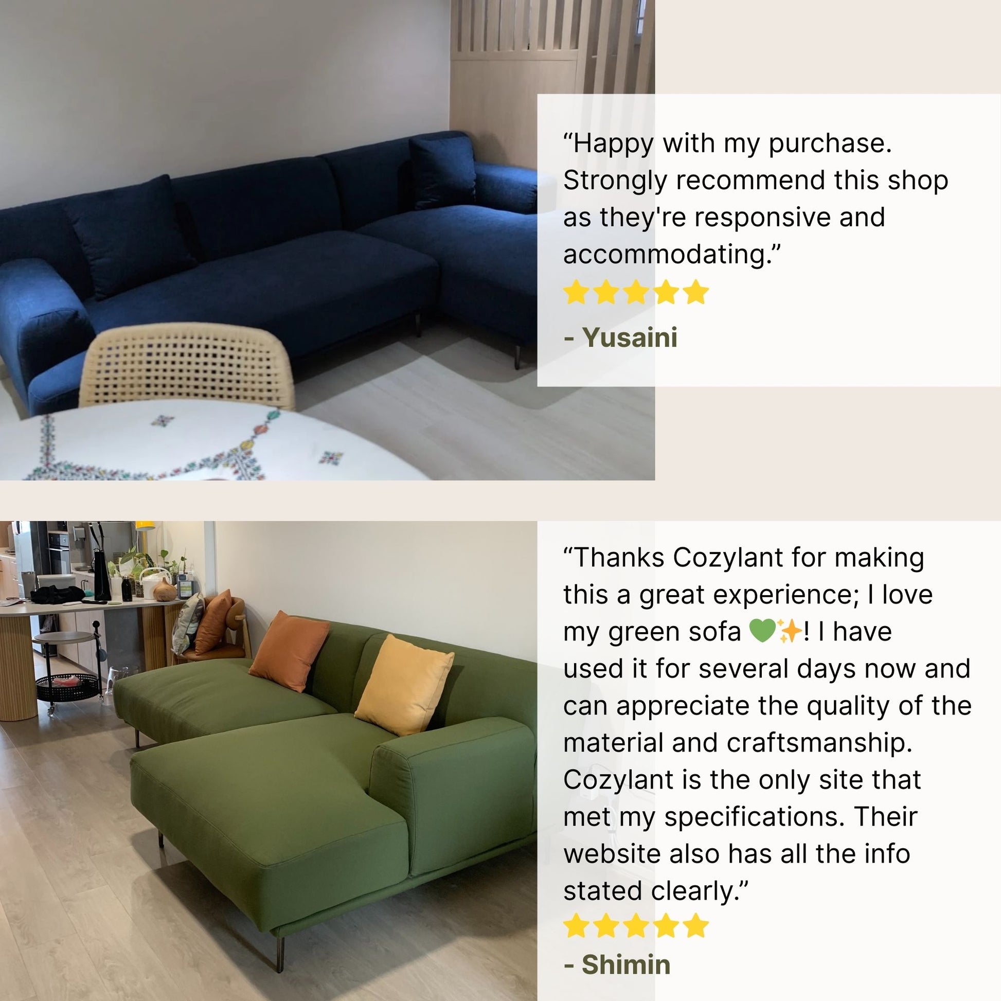 Two images of l-shaped sectional sofas with customer reviews displayed.