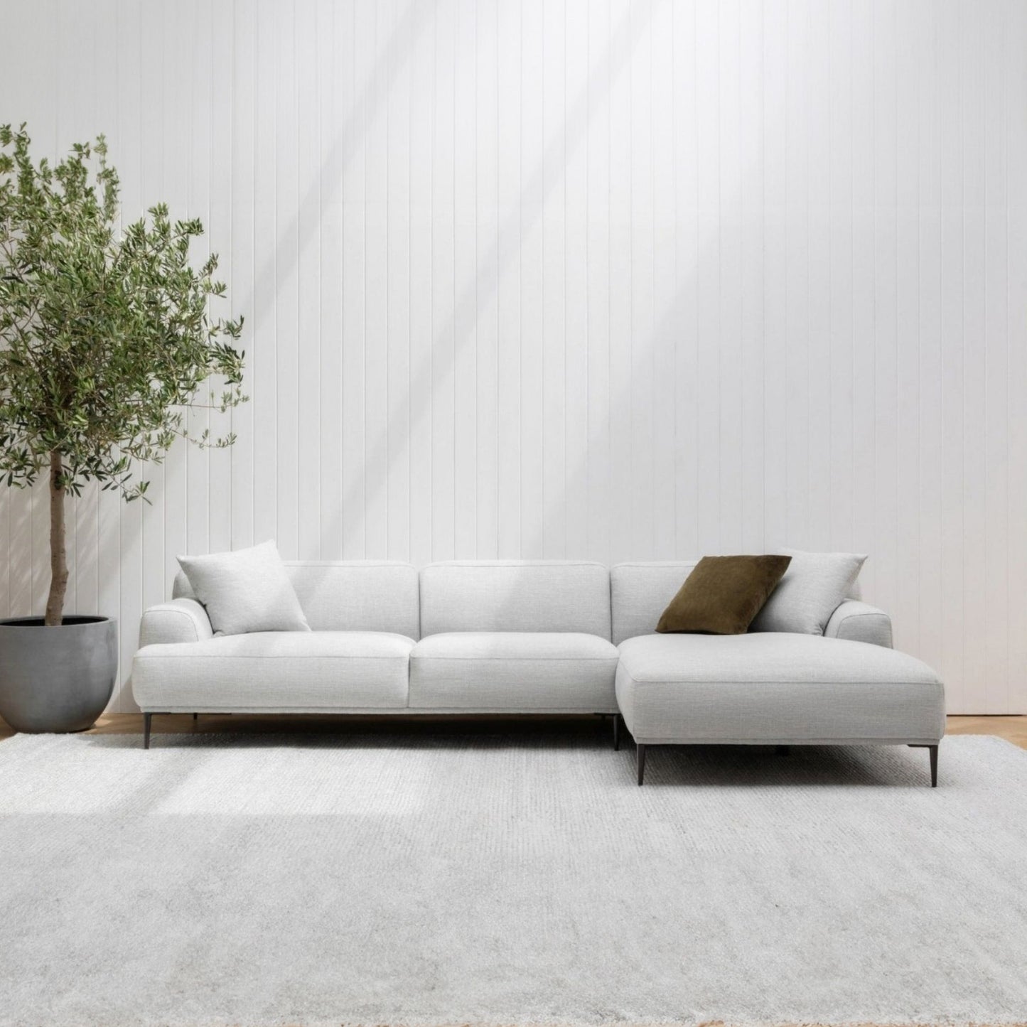 Modern white sectional sofa in a minimalistic living room with a plant and rug.
