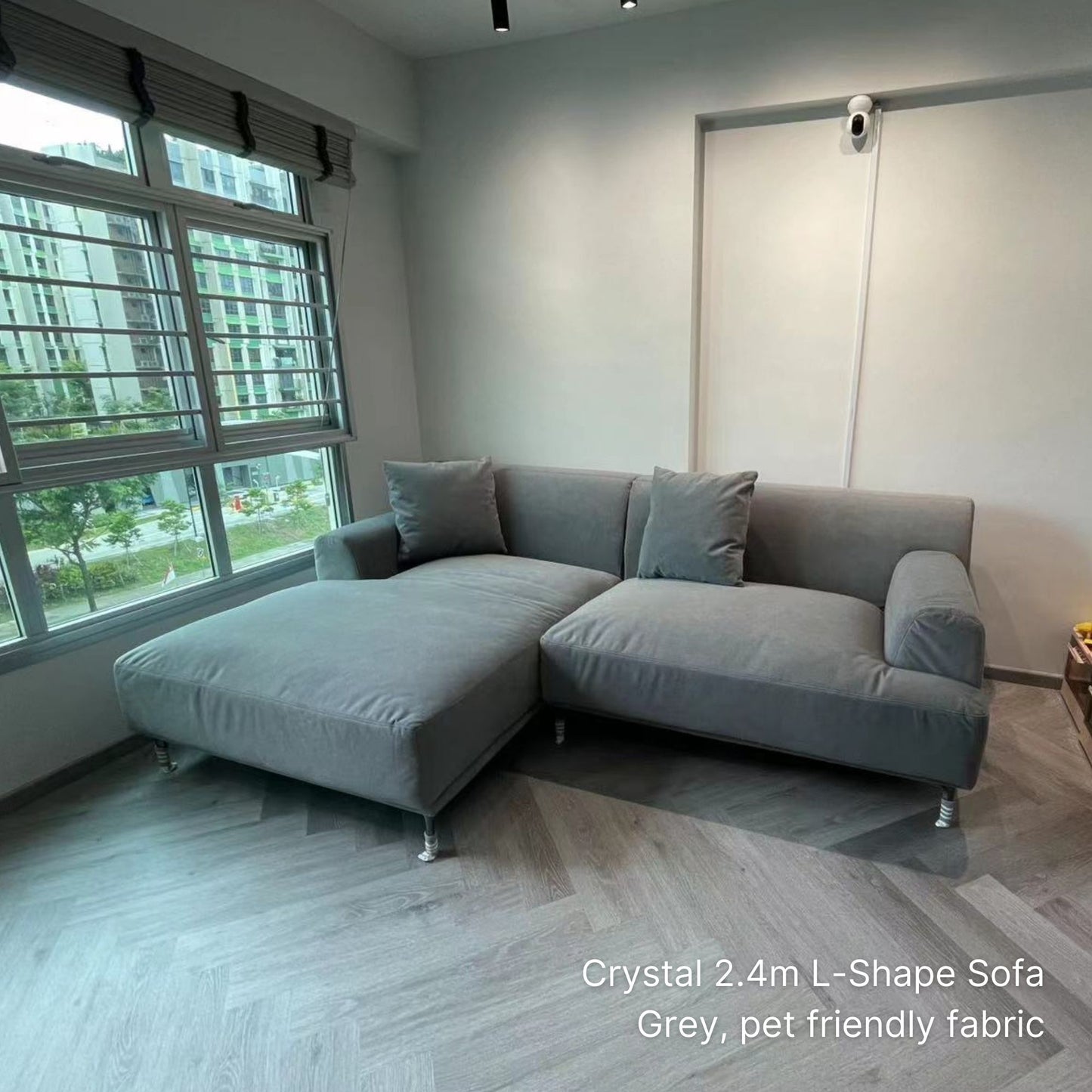 3 seater Crystal l-shaped sectional sofa in our customer's living room in grey pet friendly fabric