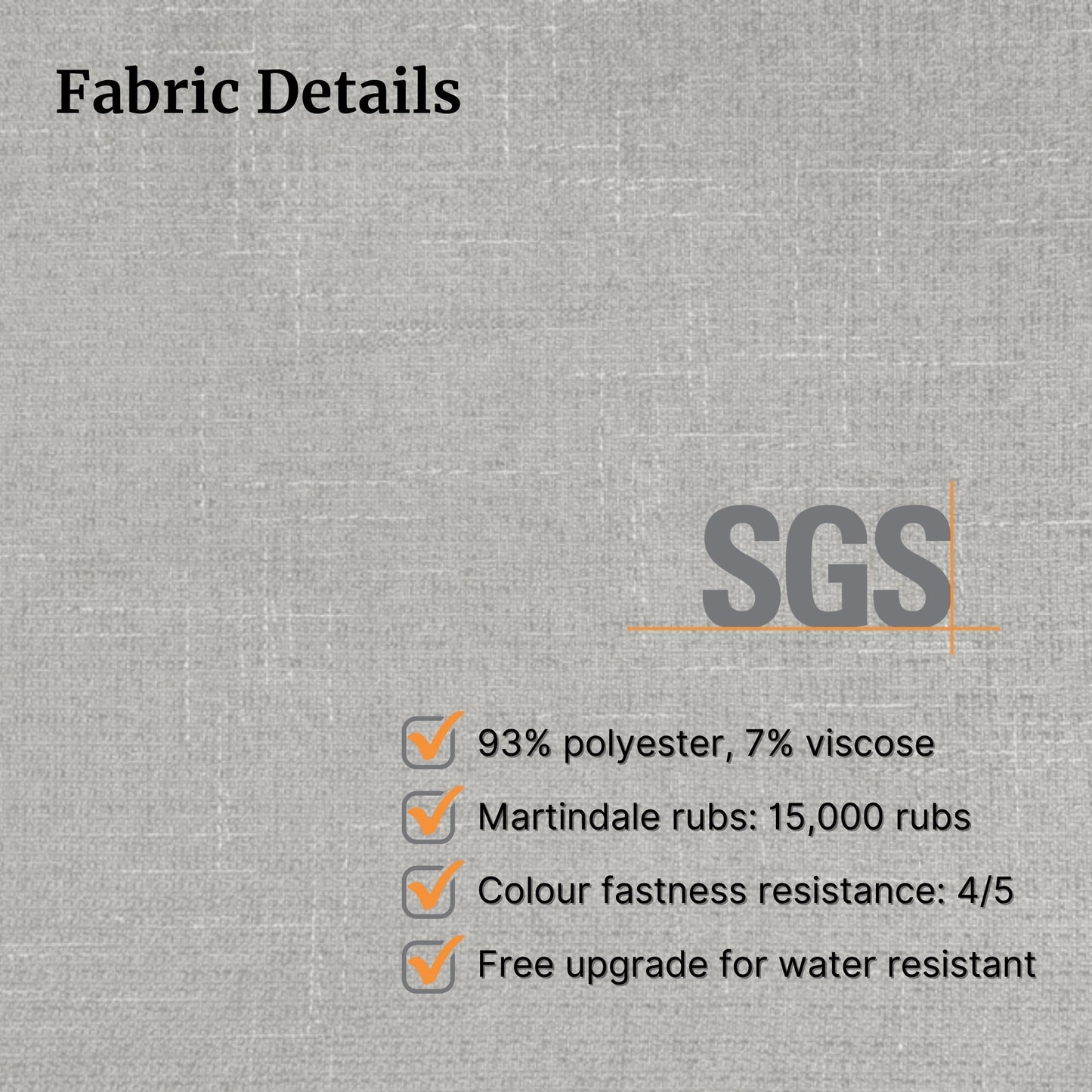 Fabric details on a gray background with SGS logo and text.