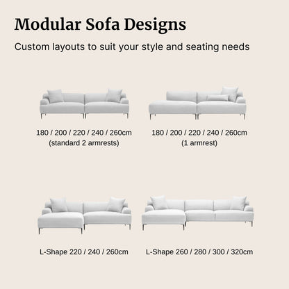 Modular Crystal sofa designs with customizable armrest and seat dimensions on a beige background.