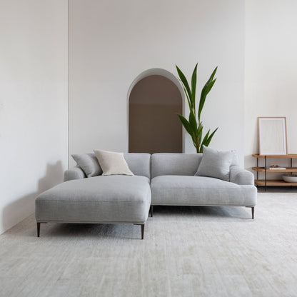 Gray sectional sofa in a modern living room with a plant and minimal decor.