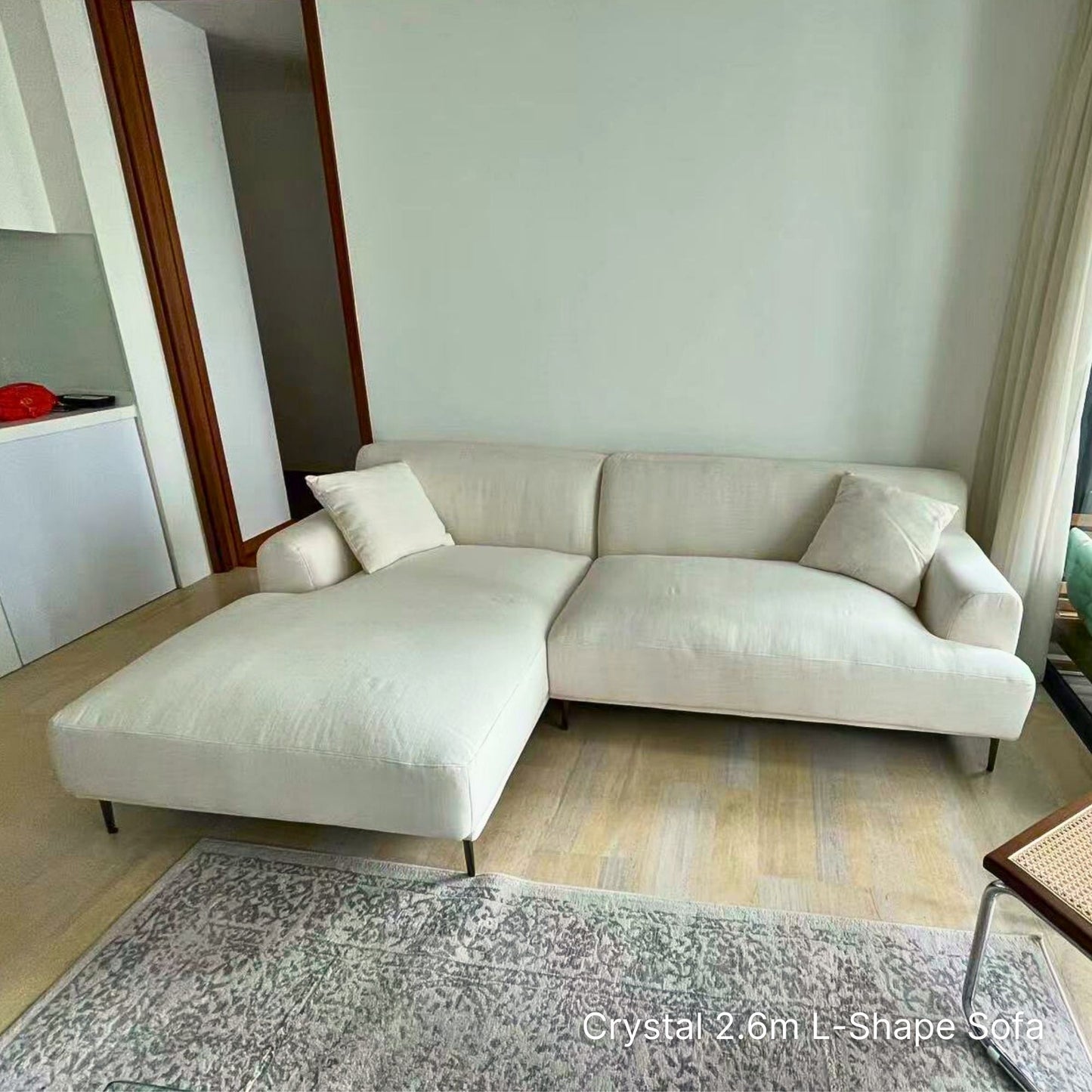 Actual delivered sample 260cm 4 seater Crystal fabric l-shaped sectional sofa in Cozylant customer's living room