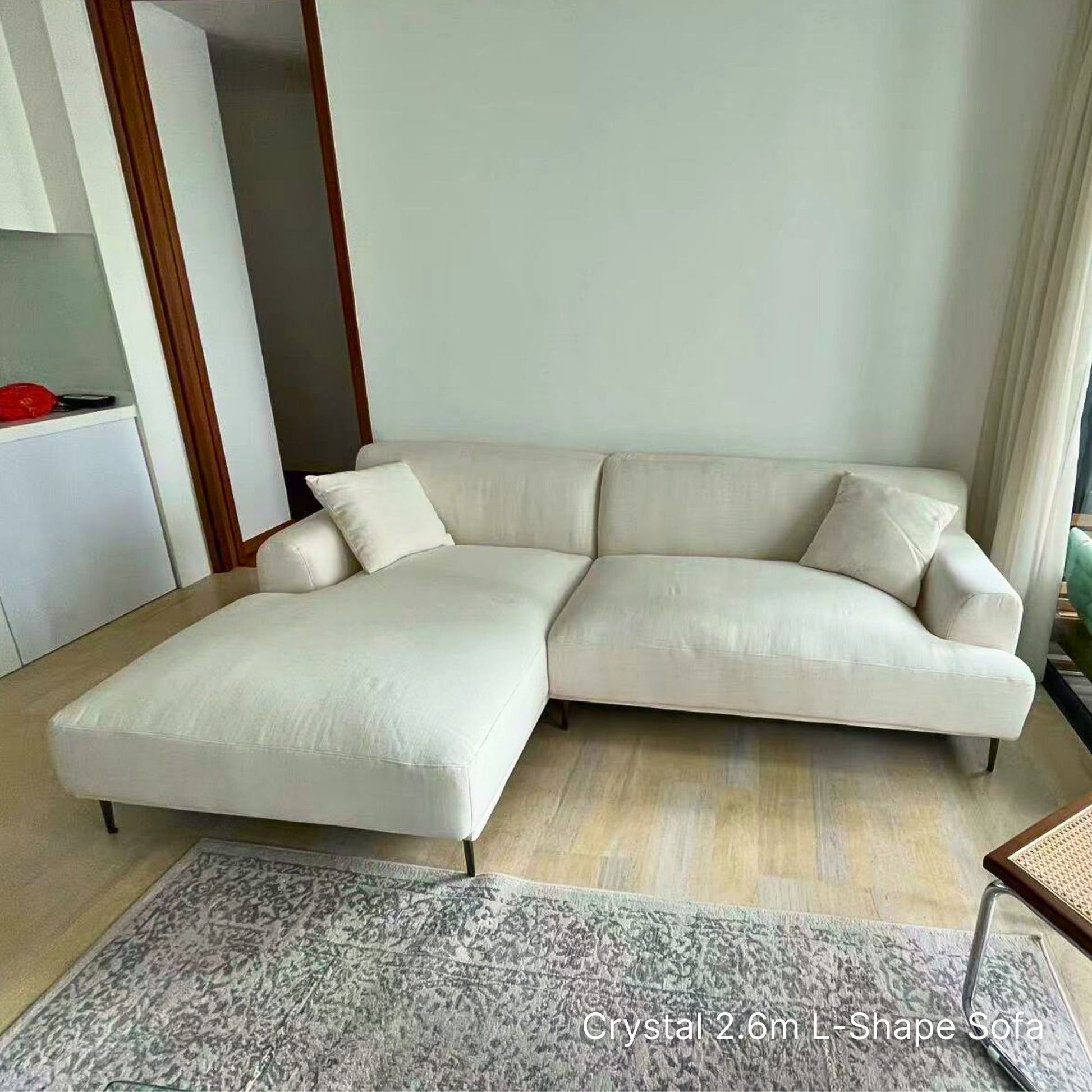 Actual delivered sample 260cm 4 seater Crystal fabric l-shaped sectional sofa in Cozylant customer's living room