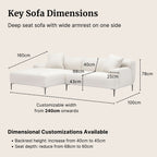 White Crystal fabric l-shaped sofa with dimensions labeled such as backrest height, seat depth and seat height on a beige background